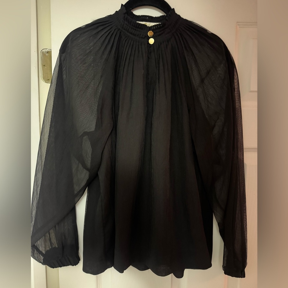 Marie Oliver Black Sheer Sleeve Blouse with Gold Buttons